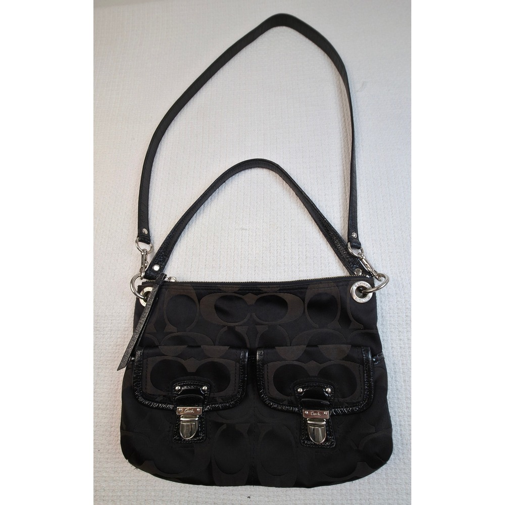 Coach Poppy Signature Sateen Pocket Hippie Crossbody Bag 18982 Black Patent